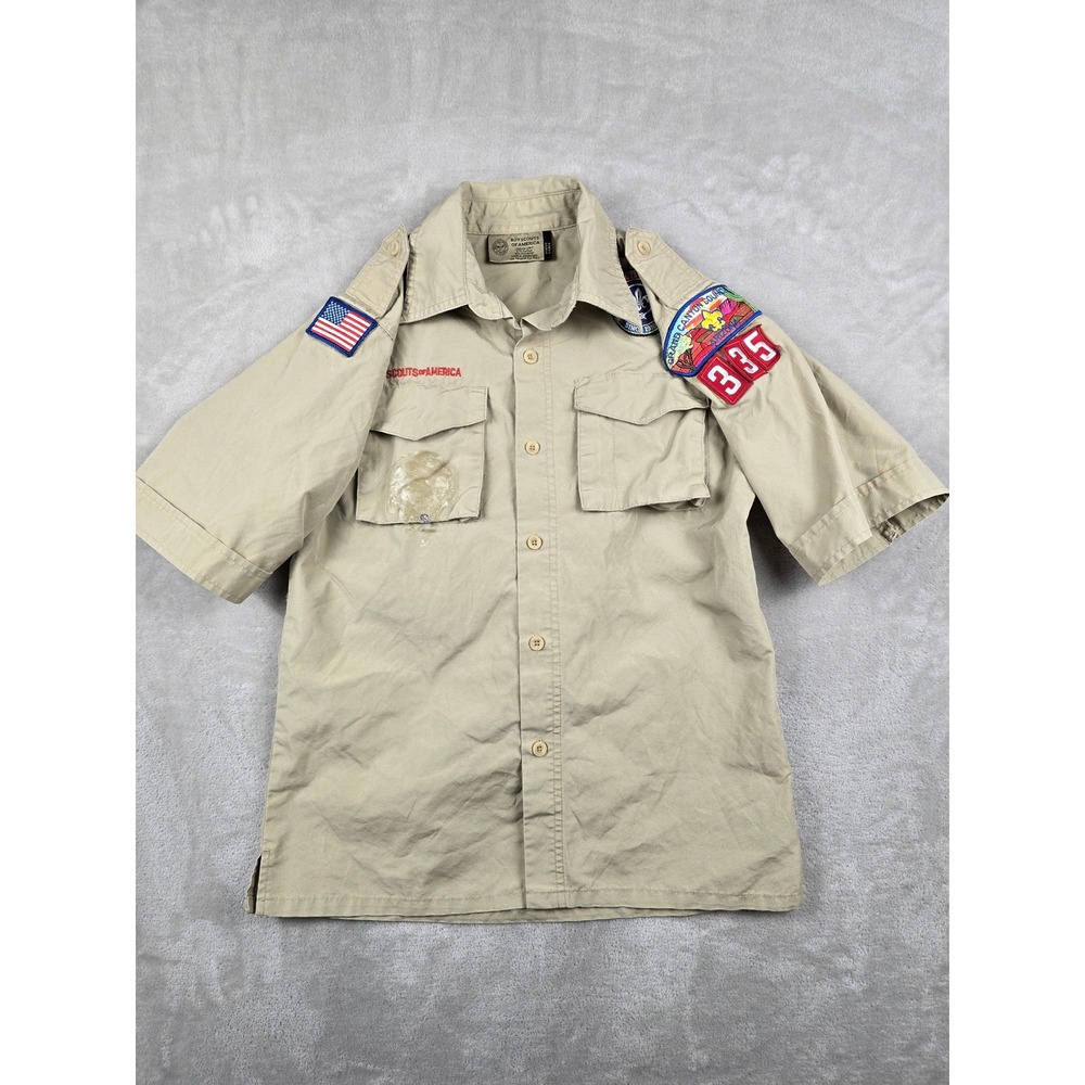 Boy Scouts of America Uniform Shirt Youth Large Tan Short Sleeve Patches 335